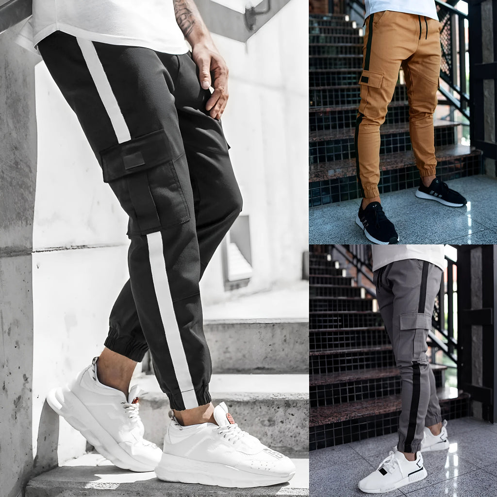 Men's leather bound casual pants in khaki, polyester fabric, mid waist, zipper placket, micro-elastic