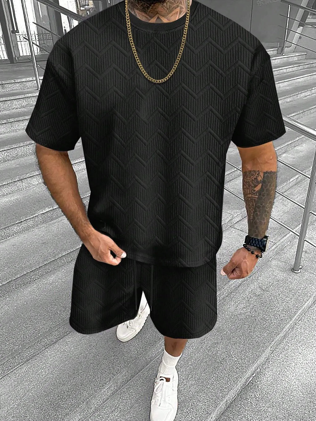 Men's short sleeve shorts suit in polyester blend fabric with 3D printed pattern