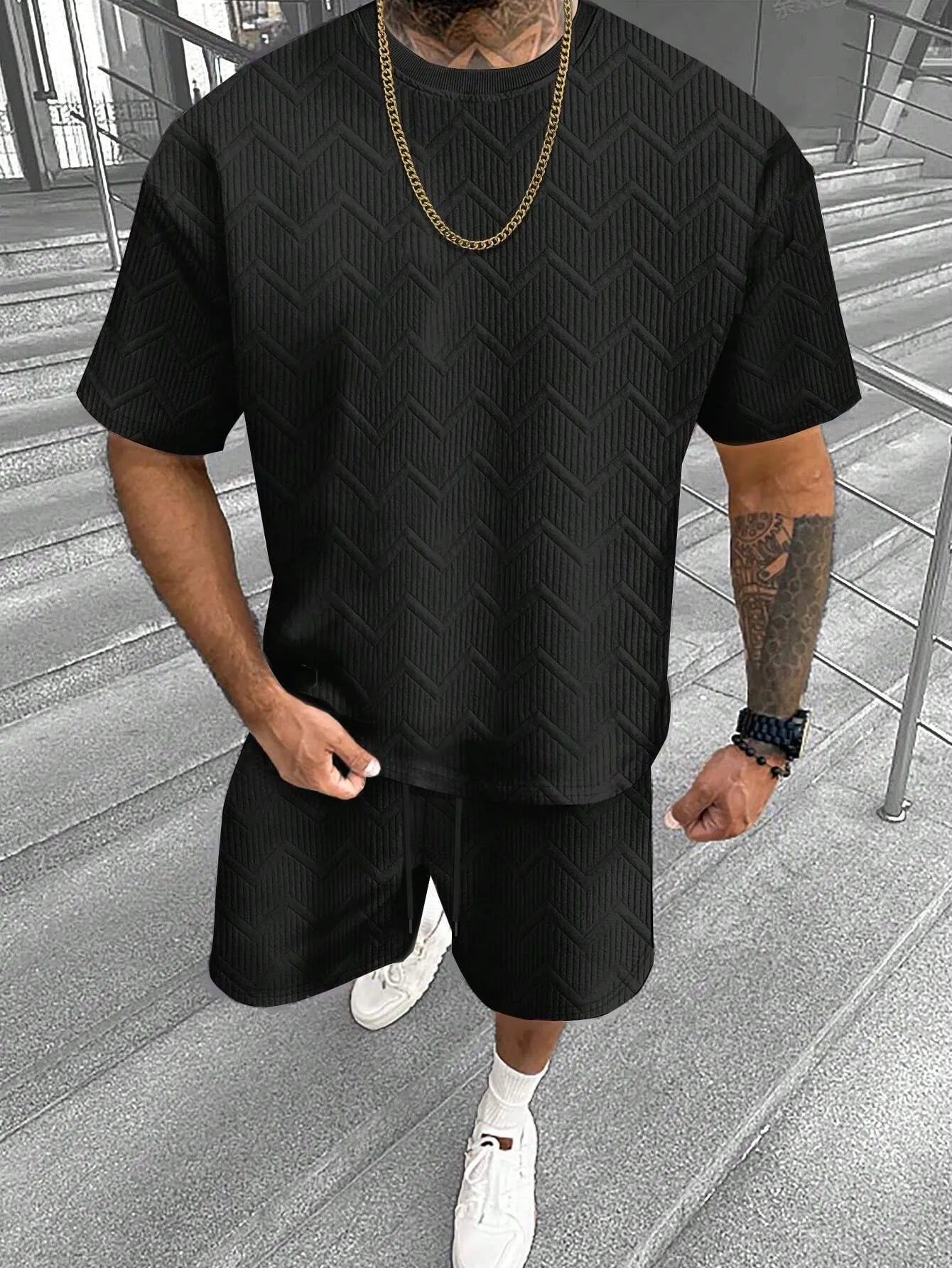 Men's short sleeve shorts suit in polyester blend fabric with 3D printed pattern
