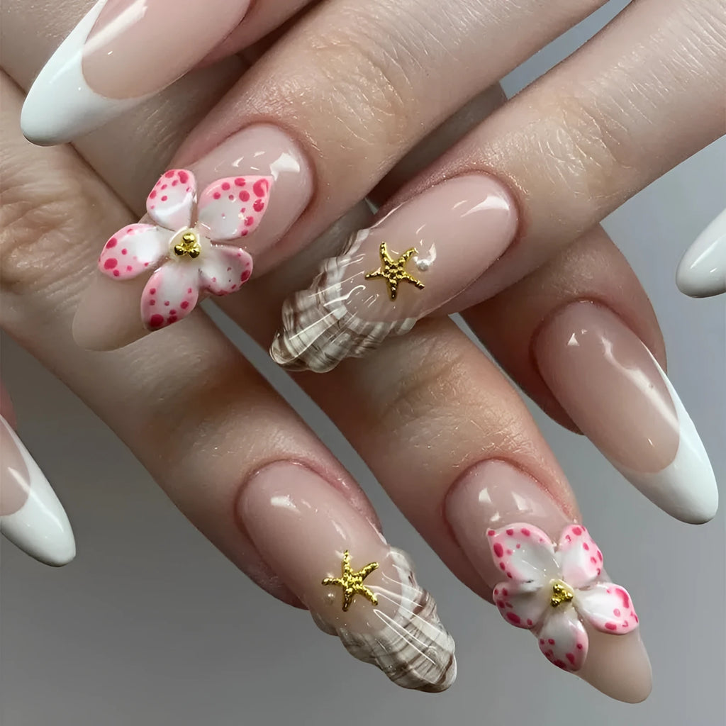 French style plastic fake nails with simple flower pattern and rock patch decoration, colour W1764.