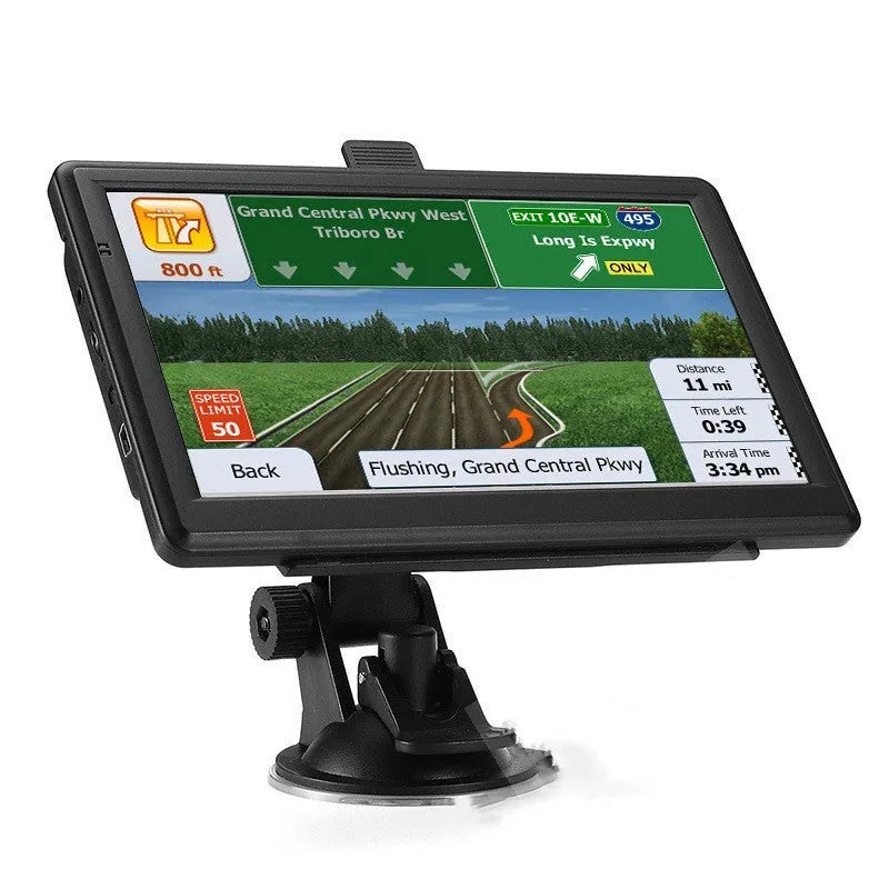 7-inch car GPS navigation device with touch screen display showing map route guidance