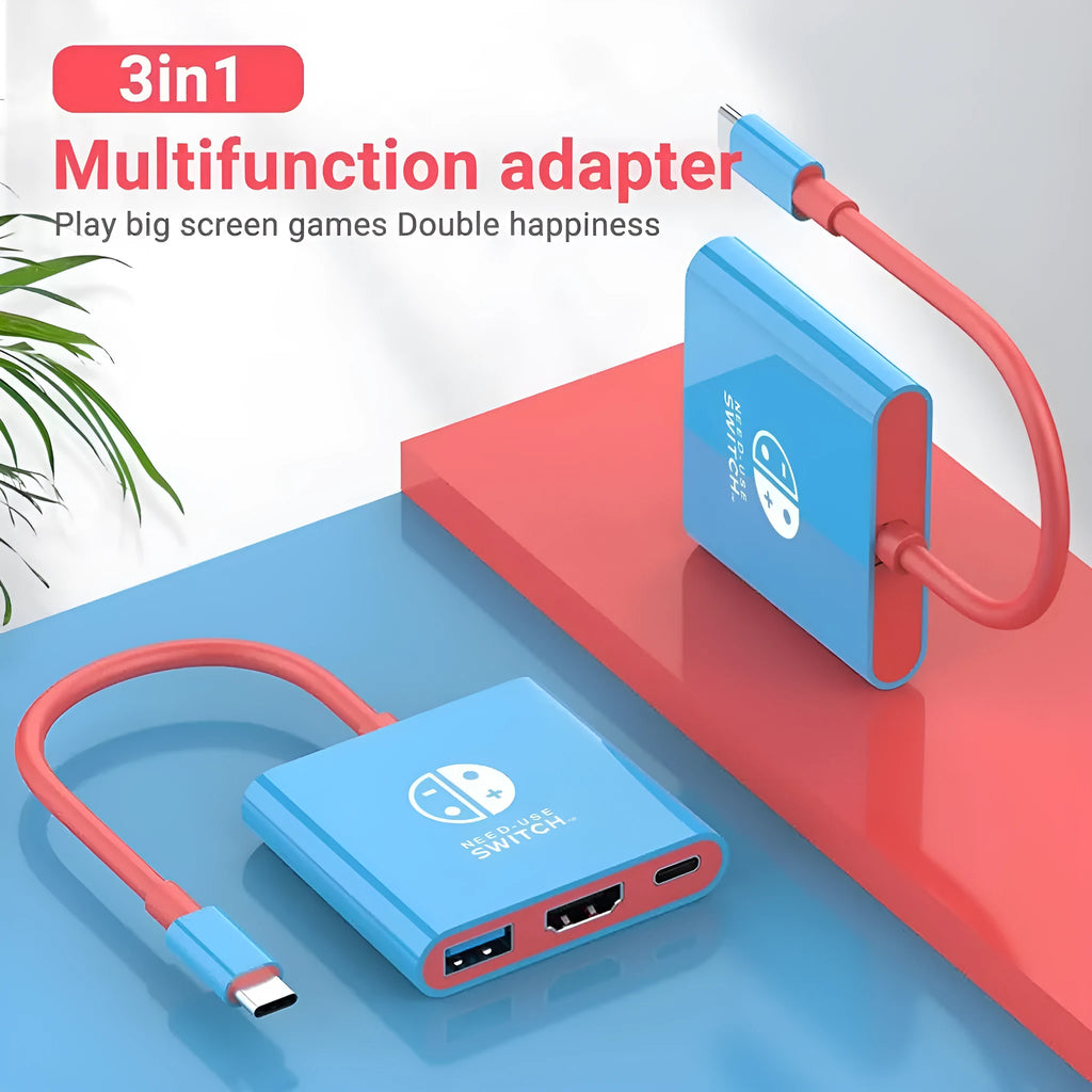 Three-in-one Type-C docking station converter with 15cm line and ABS housing in black and red