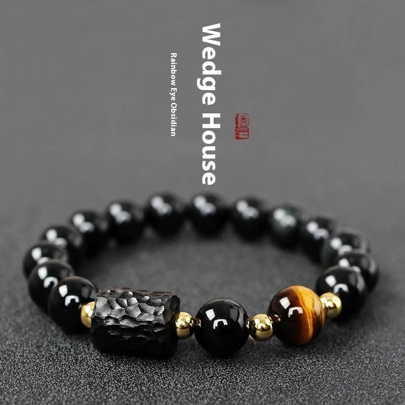 Obsidian bracelet with 10mm tiger eye beads in retro circle style for unisex couple jewellery