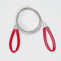 Black and red survival wire saw with leather case, showing coiled stainless steel wire and its compact size.