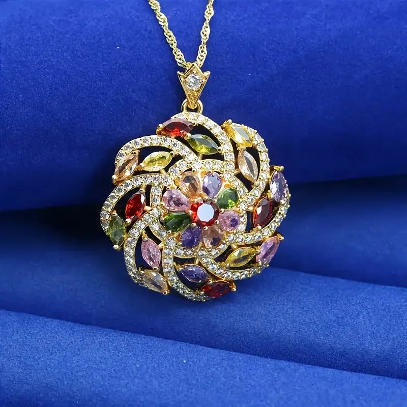 Spiral flower pendant necklace with colour zircon, real gold plating, and copper base