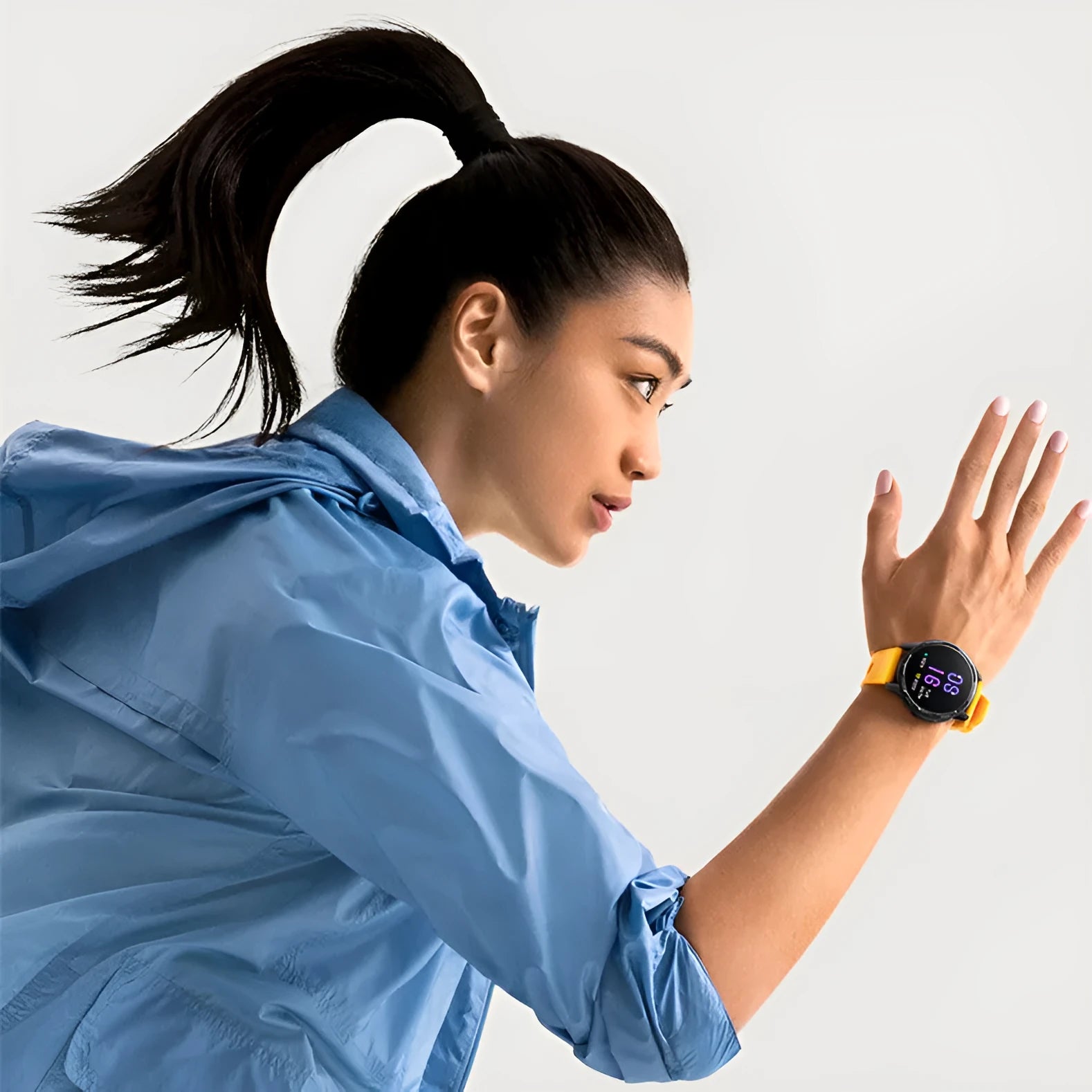 Dual-band GPS smart watch with touchscreen in black, white, or blue colour options on a silicone strap.