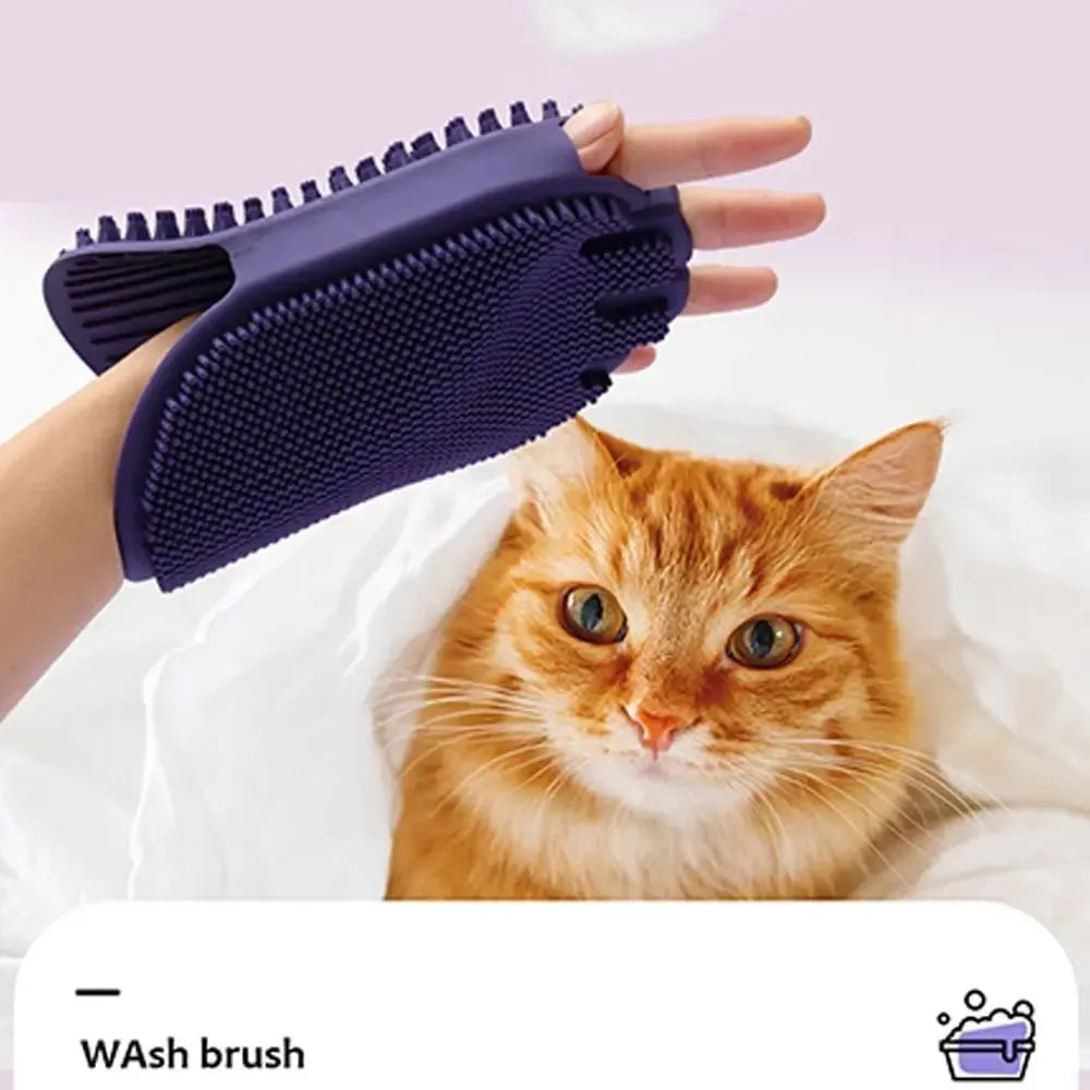 Purple dual-sided pet massage shampoo brush with soft TPR bristles and ergonomic handle