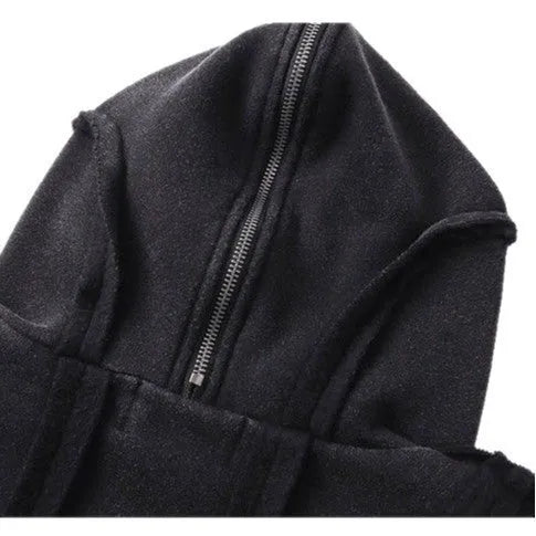 Black men's zip-up hooded cardigan with abstract pattern and padded filling