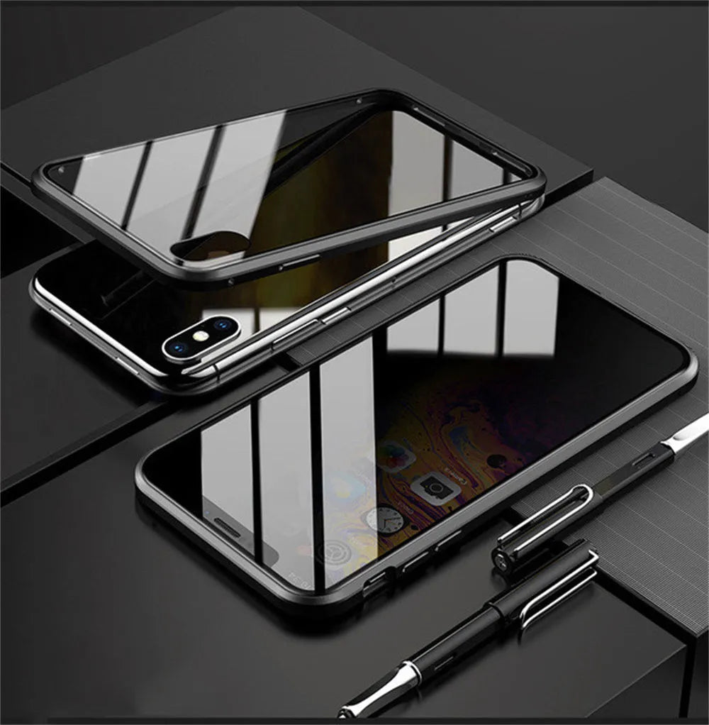 Magnetic privacy glass iPhone case with metal frame and 9H anti-peep front glass, 3-colour set