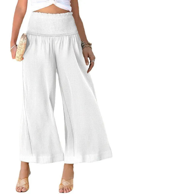 Women's high waist pleated trousers in cotton linen blend, straight leg cropped style