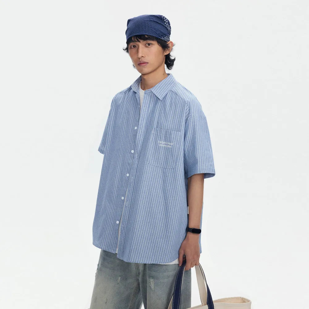 Blue striped loose fit cotton blend overshirt with short sleeves and cardigan style