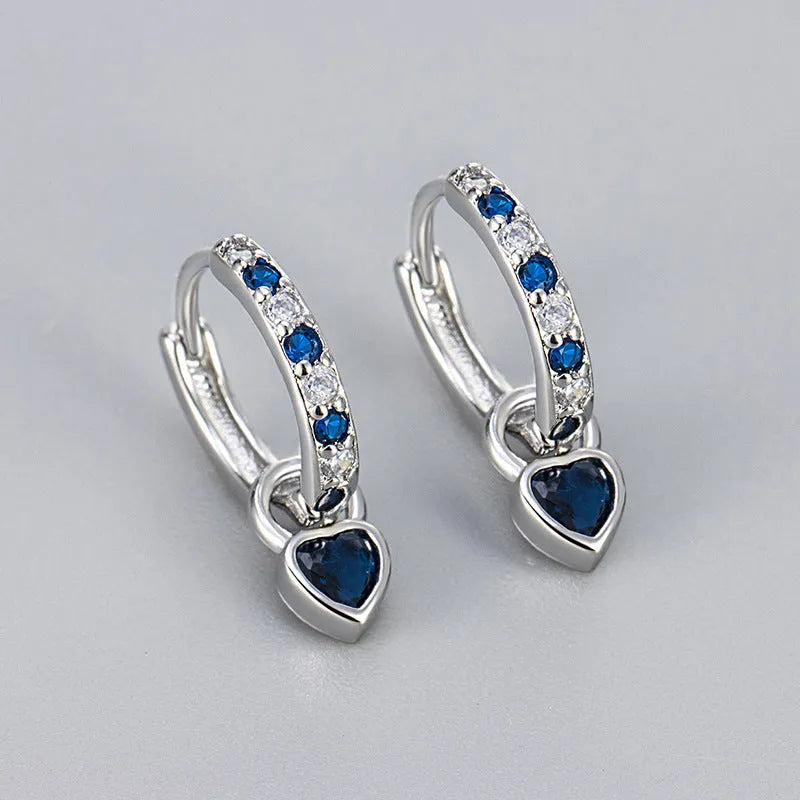 Women's heart-shaped drop earrings with colourful stone in gold or white gold tone setting