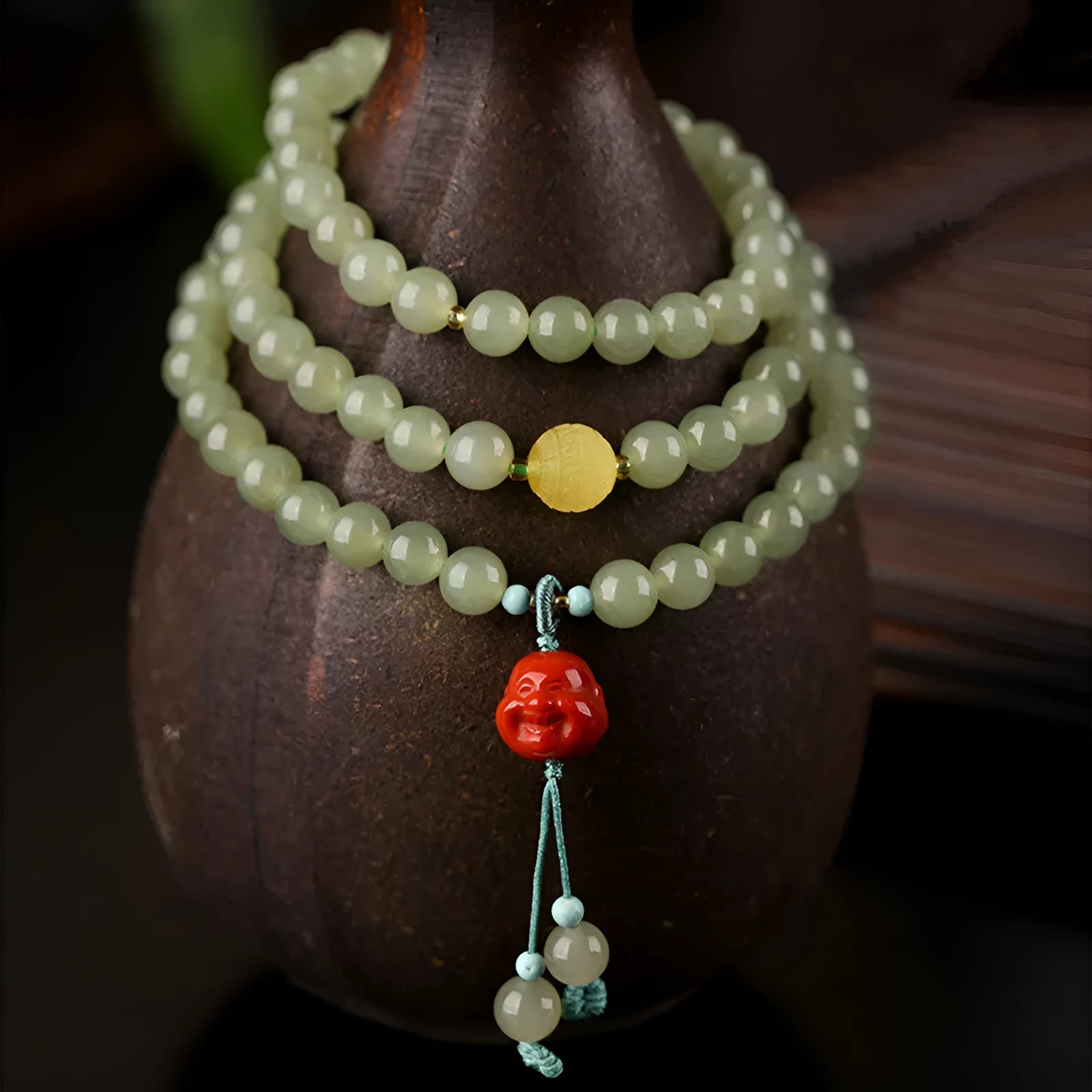 Pale blue Hetian jade bracelet with 6mm beads in three-circle adjustable design