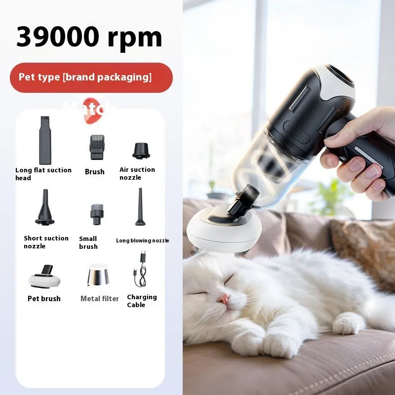 Handheld wireless pet vacuum cleaner with floor brush and nozzle attachments on a grey background