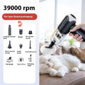 Handheld wireless pet vacuum cleaner with floor brush and nozzle attachments on a grey background