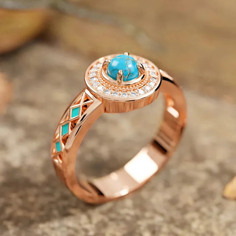 Women's turquoise ethnic style zircon ring in rose gold on copper with geometric design