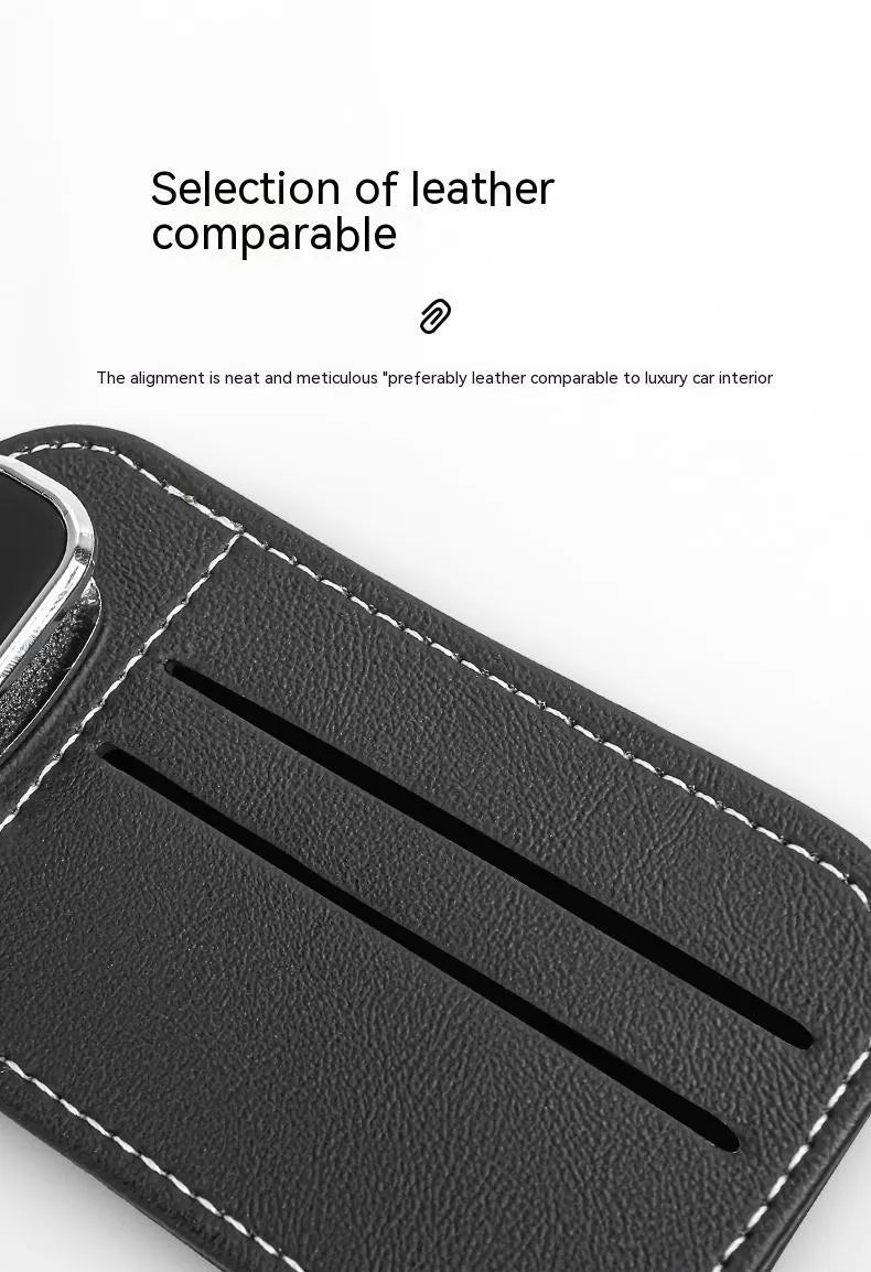 Genuine cowhide leather car sun visor holder with metal sunglasses clip and card storage slots.