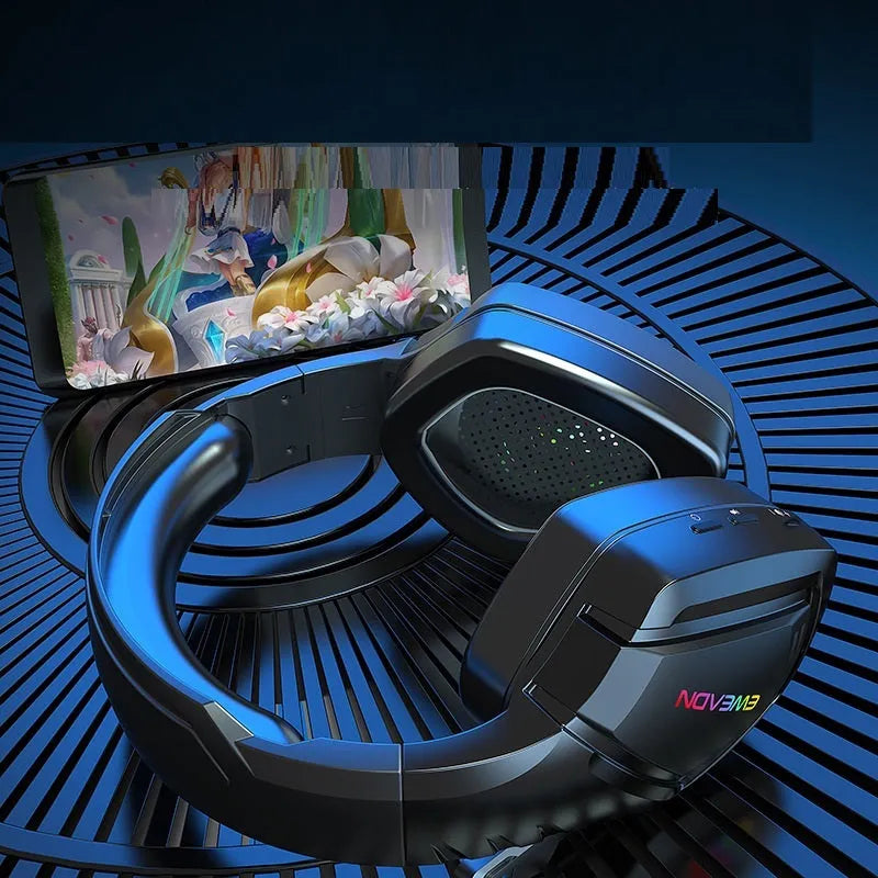 Black wireless Bluetooth headset with RGB lighting on the ear cups.