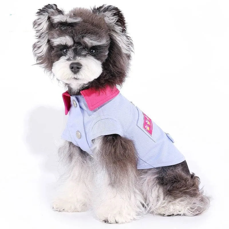 Blue and purple polyester vest for small dog with metal D-ring on chest.