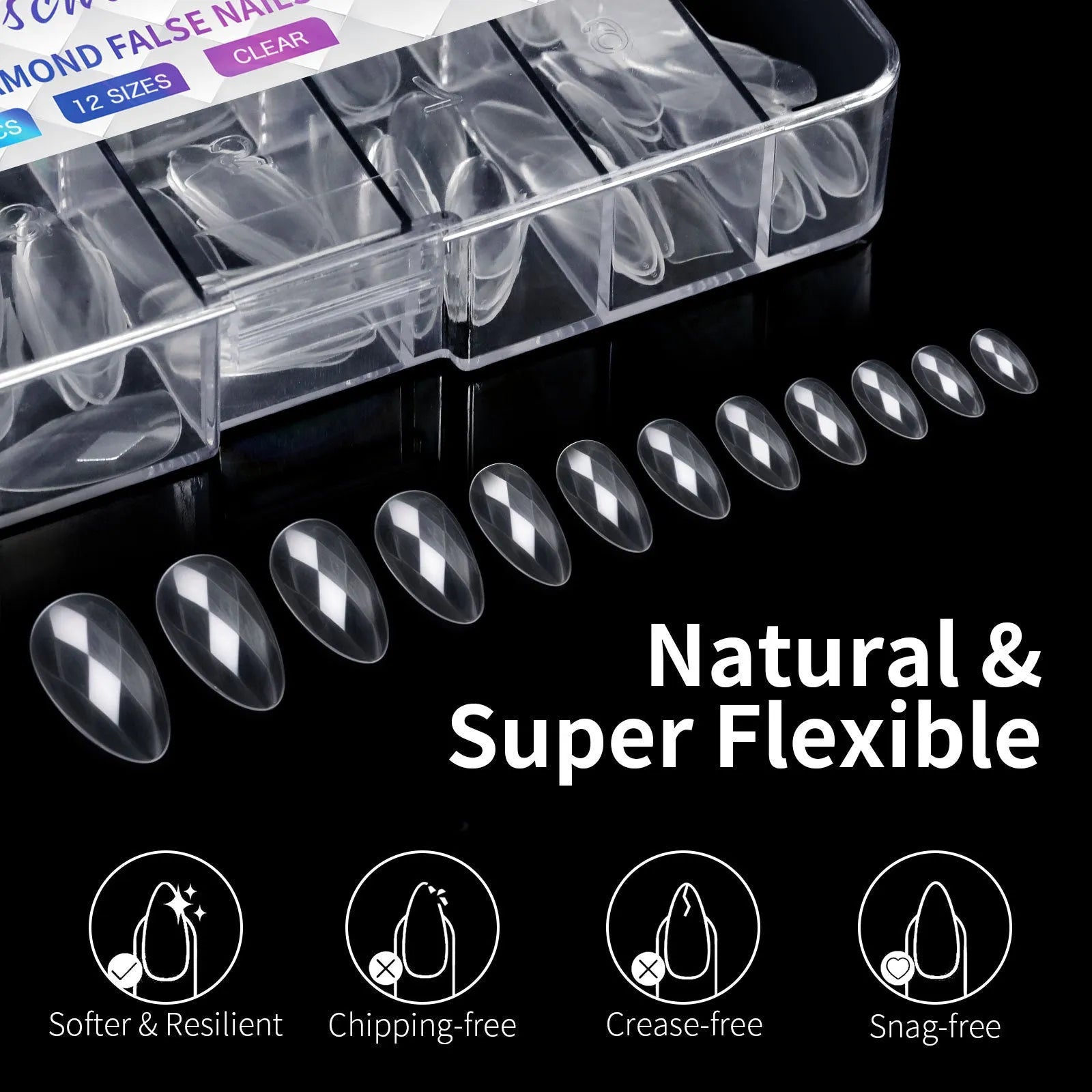 Pack of long, pre-shaped false nail tips with a raised 3D diamond pattern design in various colours.