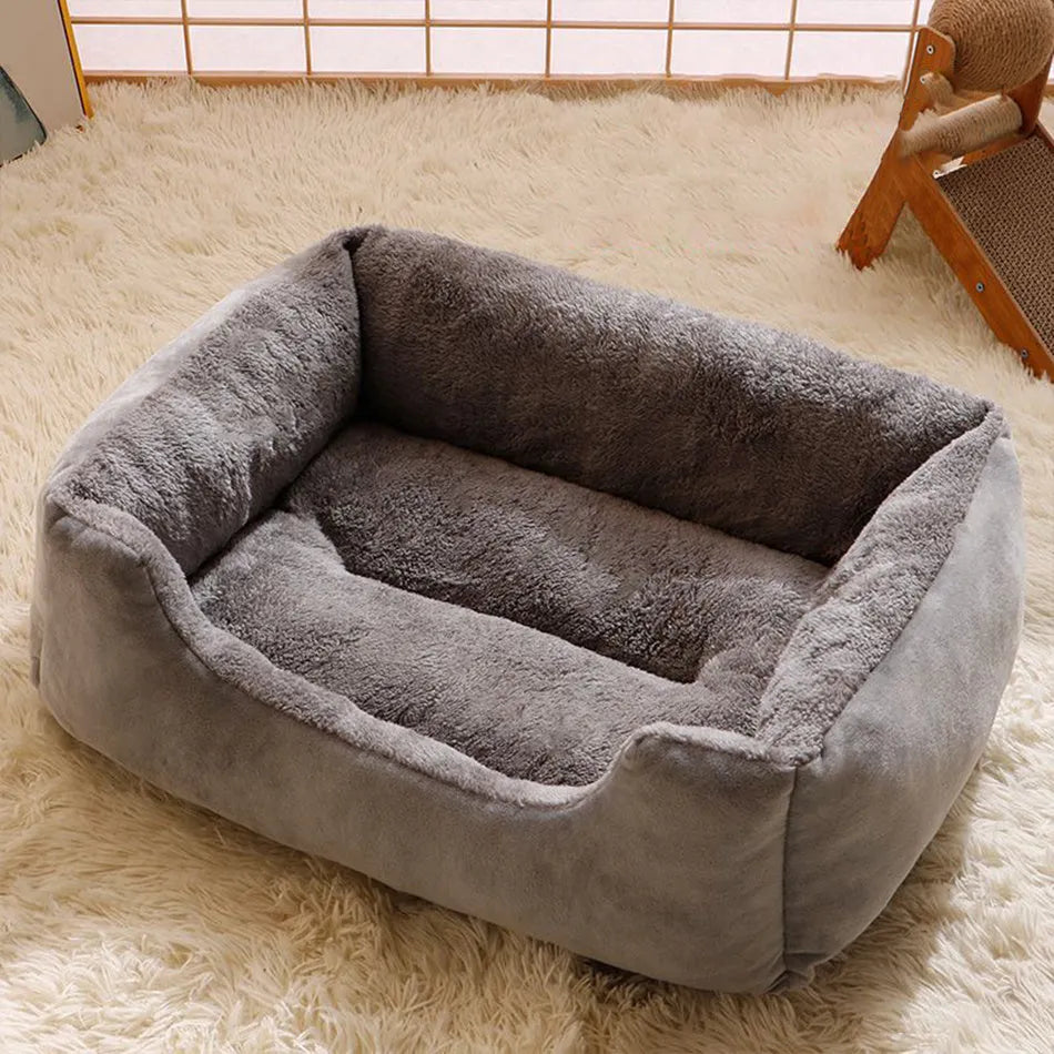 Short plush cat bed in chosen colour showing size options from 45x30cm to 80x60cm