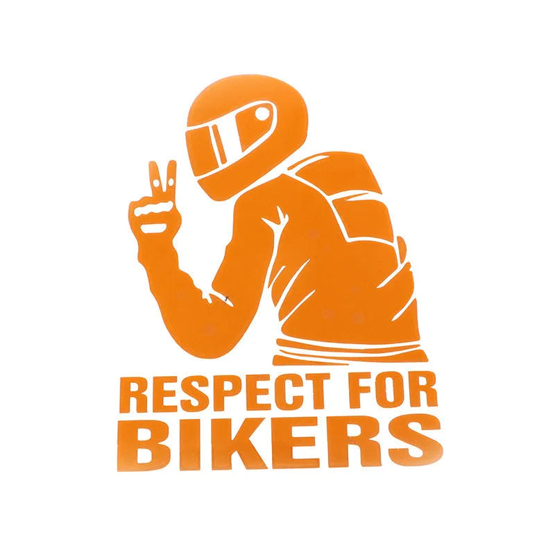Respect For Bikers 15x11cm car sticker in reflective silver, black, red, yellow, laser, and 3D carbon fibre finishes.
