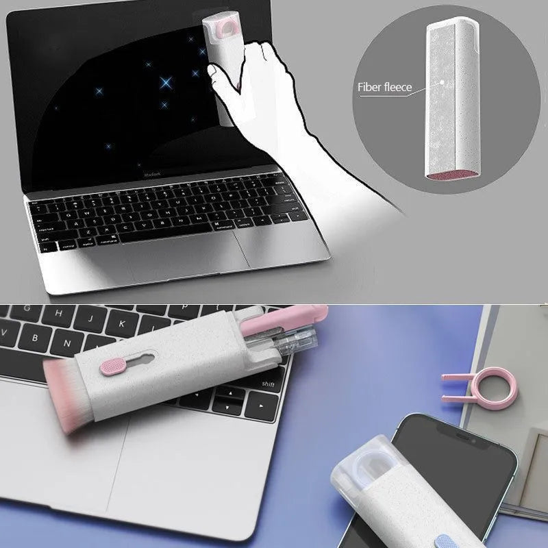 White multifunctional electronic cleaning kit with foldable pen, retractable brush, keycap puller, and spray bottle.