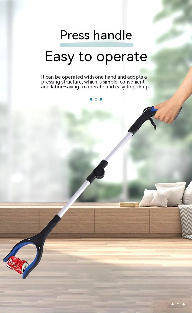 Foldable aluminium garbage clamp with blue handle extended to 80cm and folded to 42cm with magnet