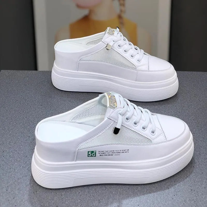 White women's mesh platform lazy shoes with round toe and synthetic leather upper