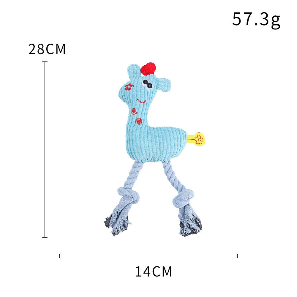 Blue deer-shaped plush dog toy with corn grain texture showing crinkle paper and squeaker sound features