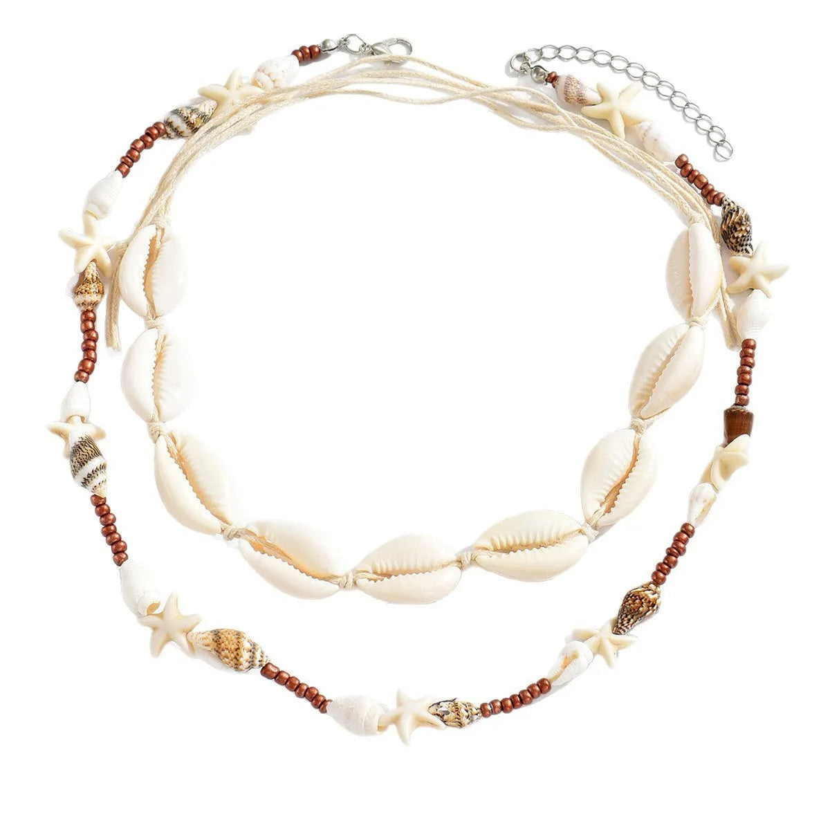 Handcrafted bohemian shell necklace with geometric pendant on a regular chain, colour X1900.