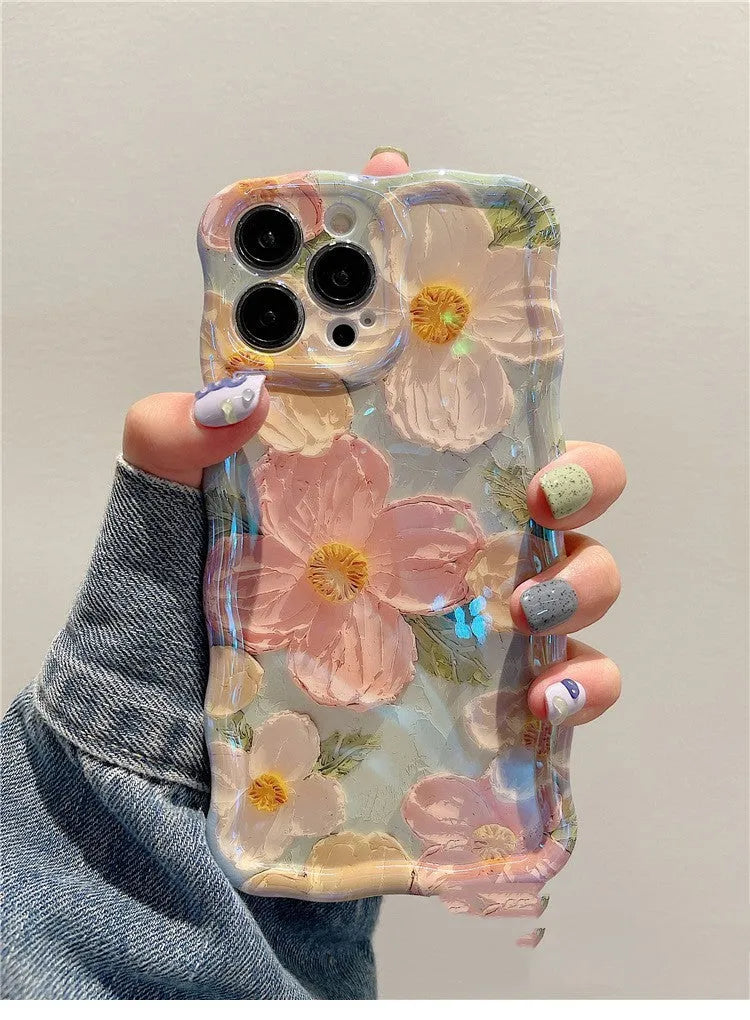 Advanced art oil painting flower phone case with twisted edge design, green background, blue light, for iPhone