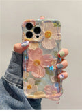 Advanced art oil painting flower phone case with twisted edge design, green background, blue light, for iPhone