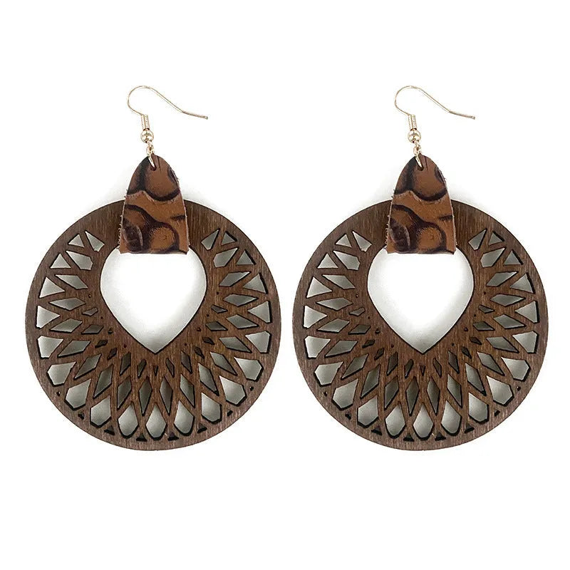 Retro wooden hollow mandala drop earrings with geometric round detailing, unisex, six styles, one pair