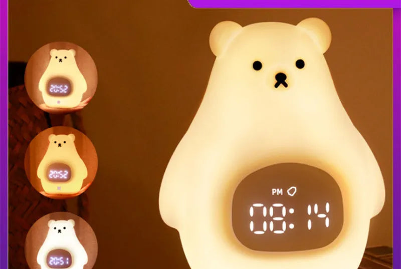 White bear-shaped silicone night light with a remote control and alarm clock features.