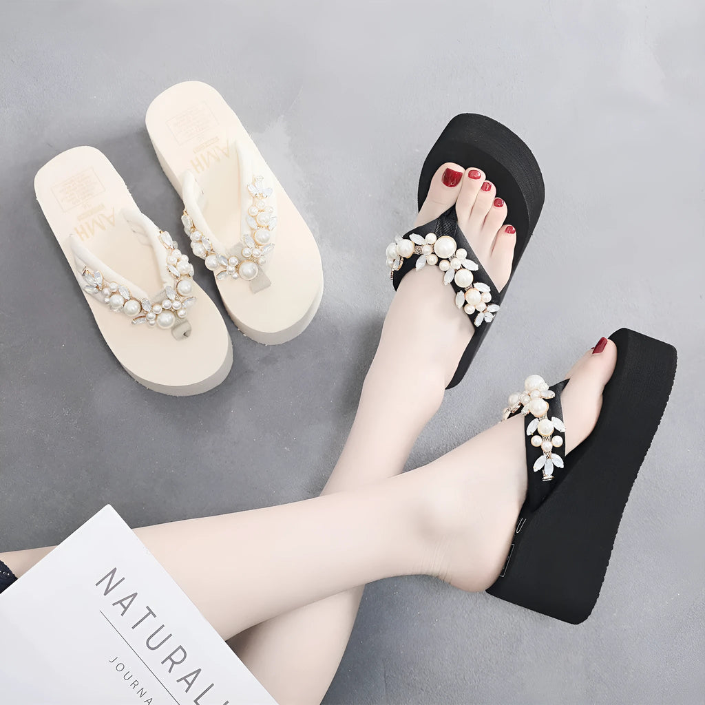 Women's high-heeled flip-flop sandals with cotton cloth upper in beige and black colour options.