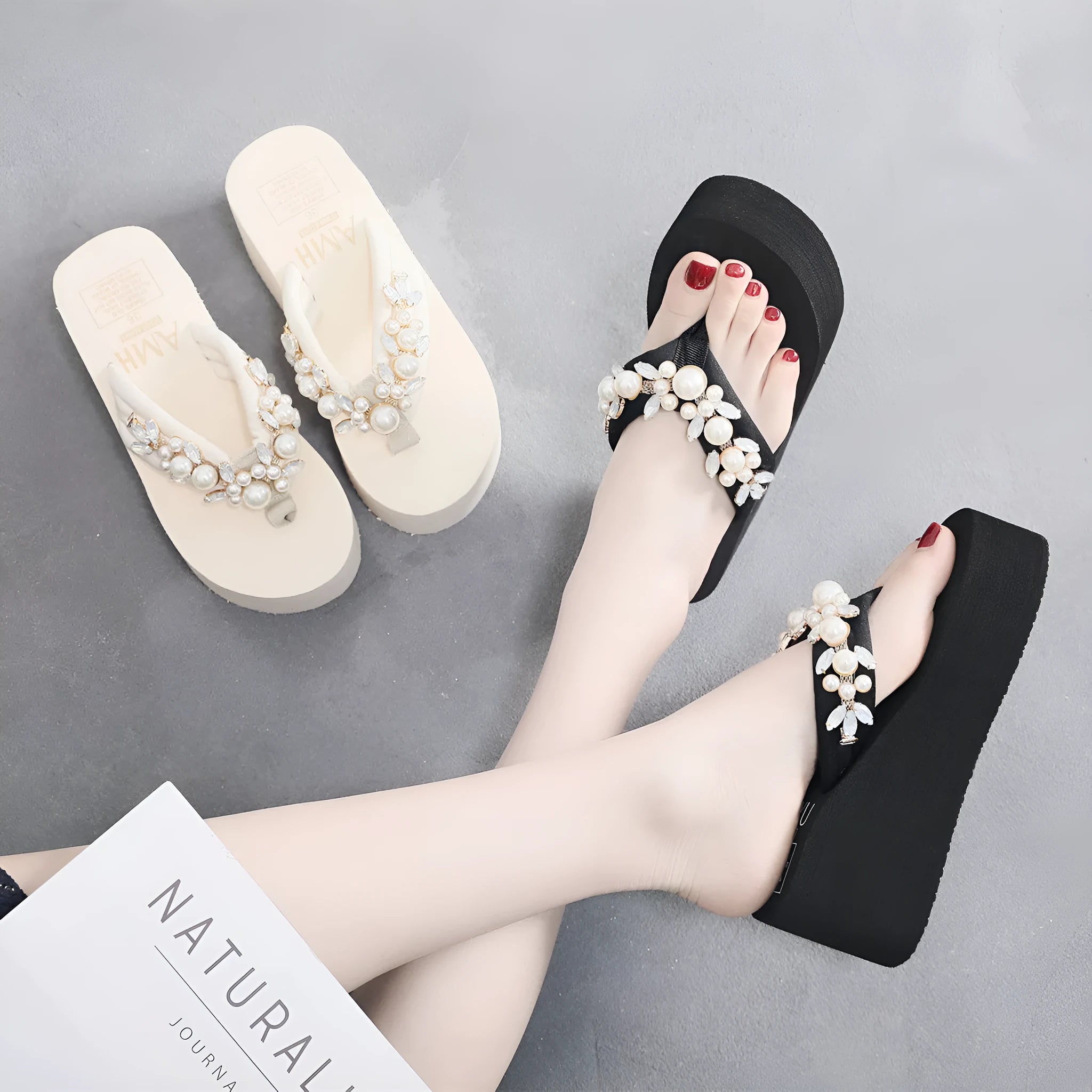 Women's high-heeled flip-flop sandals with cotton cloth upper in beige and black colour options.