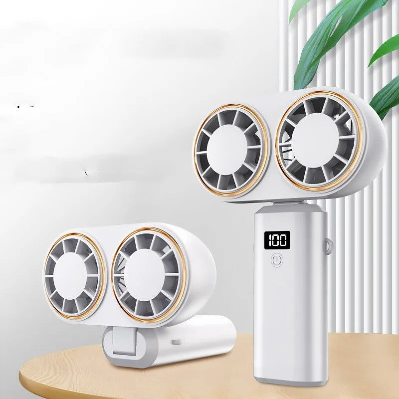 Dark blue foldable USB rechargeable handheld mini fan showing digital display screen and five blades.