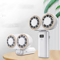 Dark blue foldable USB rechargeable handheld mini fan showing digital display screen and five blades.