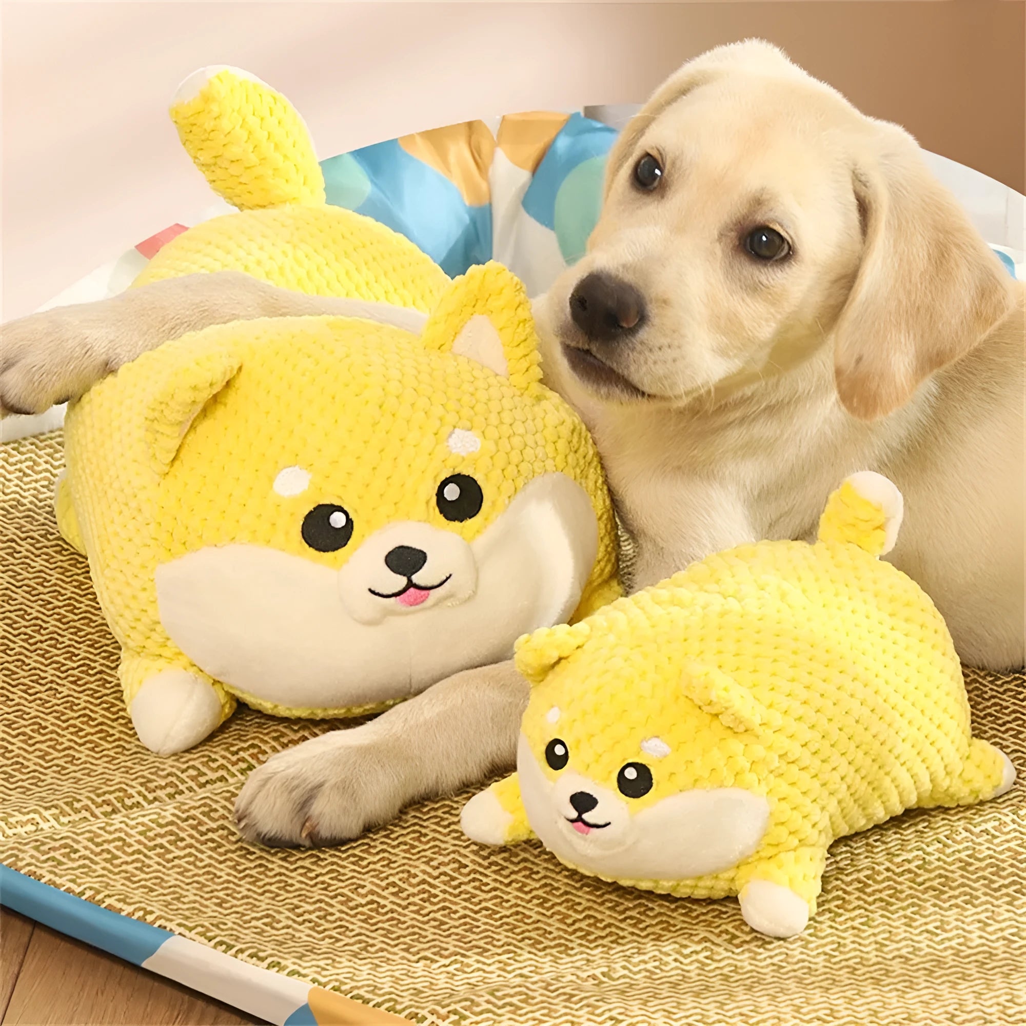Large and medium sized plush calming dog toy with squeaker and textured chew fabric.