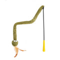 Green snake cat teasing stick toy with feather attachments on 140 cm pole