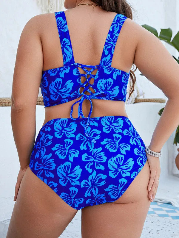 Blue floral pattern split bikini swimsuit for women in plus sizes with full lining