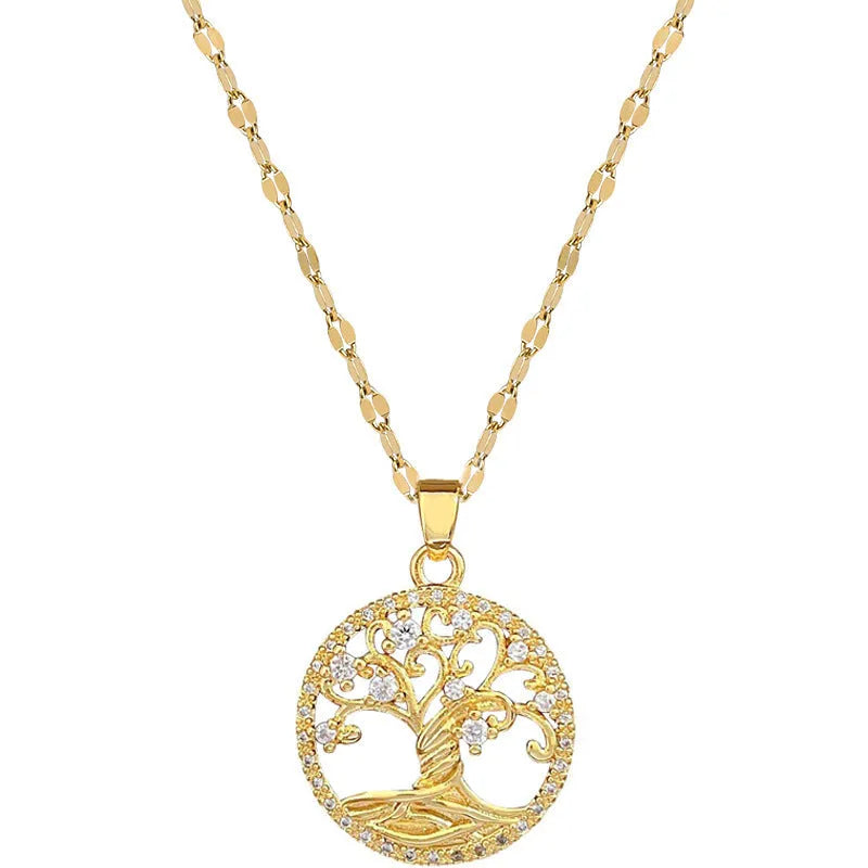 Gold-plated stainless steel necklace with mother-of-pearl and rhinestone pendant on a lip chain.