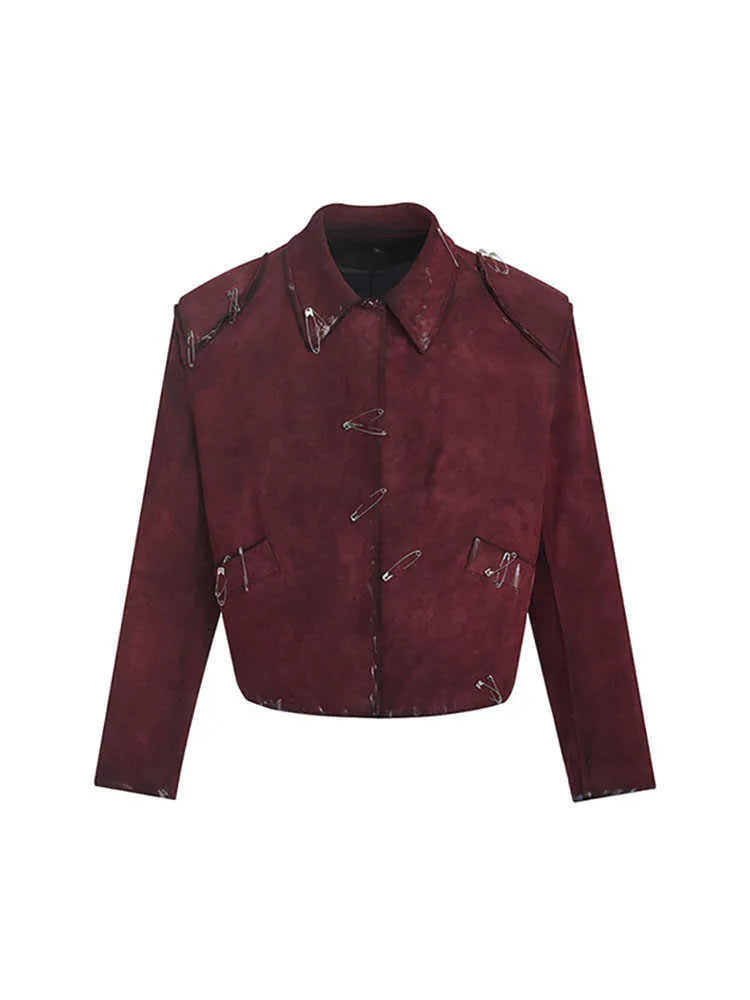 Men's red quilted jacket with decorative pin and flocking detail, loose fit with lapel collar