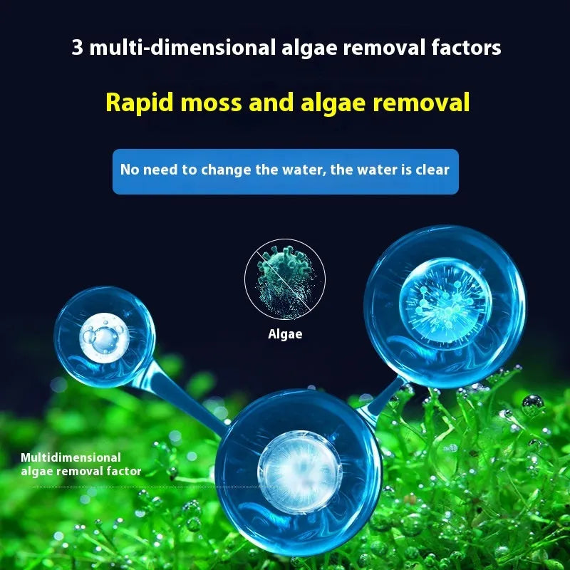 Bottle of liquid algaecide for fish tanks and ponds, labelled for green algae removal and antibacterial action.