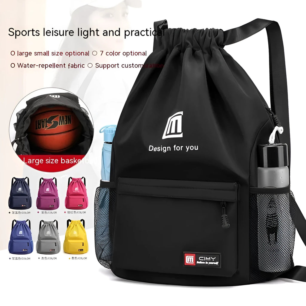 Oxford cloth travel backpack in black with double shoulder straps and drawstring closure