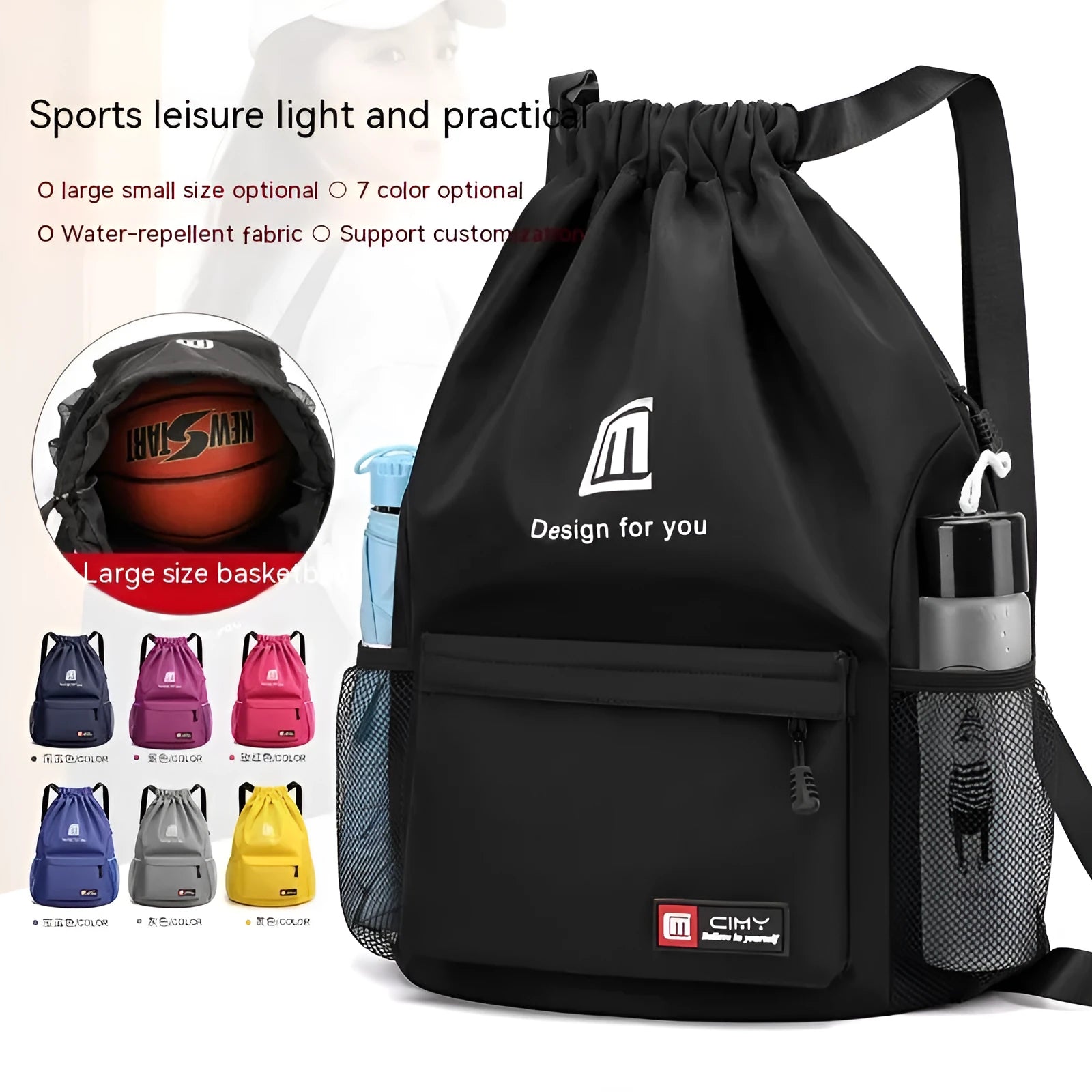Oxford cloth travel backpack in black with double shoulder straps and drawstring closure
