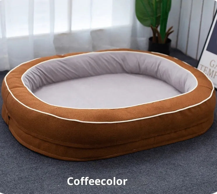 Oval removable cloth pet bed for dogs in green colour with visible stitching