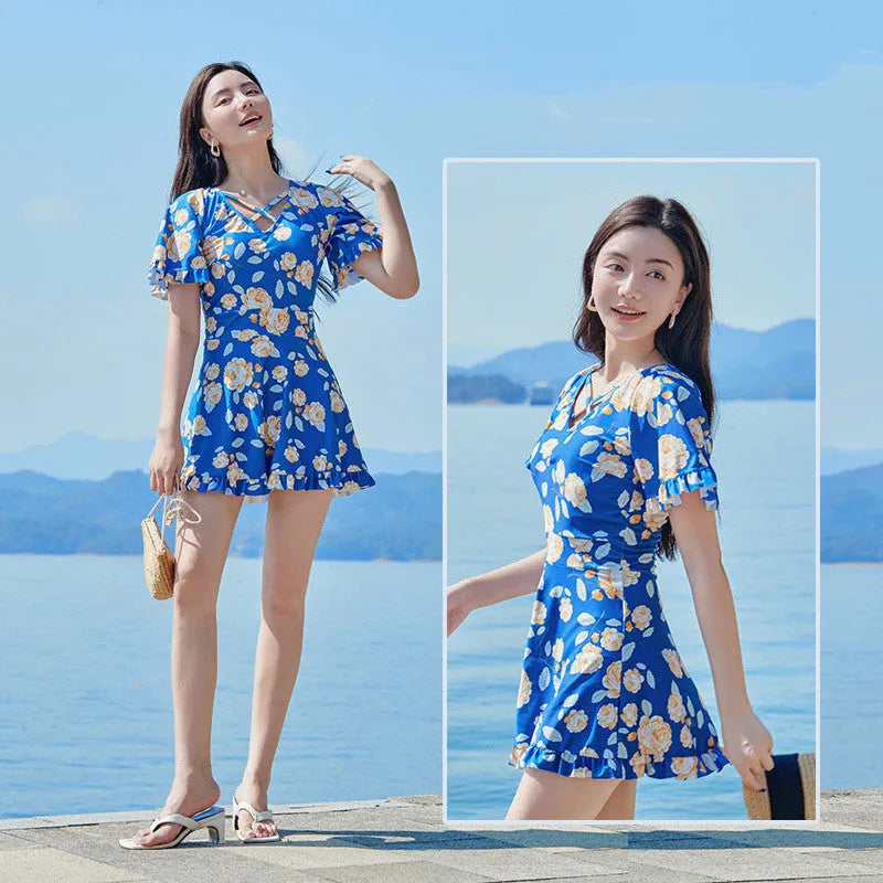 Women's floral print high waist one-piece swimsuit in white and blue colour