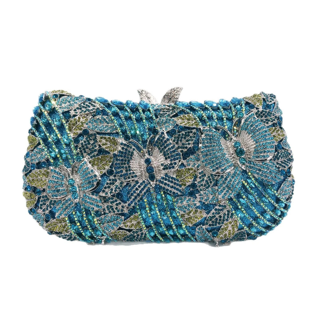 New fashion banquet dress gem handbag with diamond inlaid butterfly flower design in gold colour